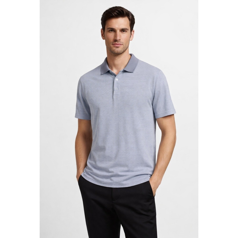 NWT Theory Men's Button Polo Click Jacquard Size XL Blue Grey Pima Cotton 194530